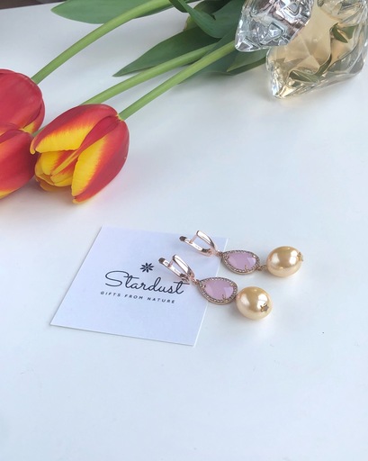 “Love” - long yellow pearl and pink crystal earrings