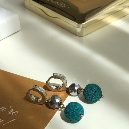 "Joy" Long Blue Lava stone earrings with hematite, summer earrings for her