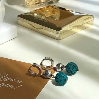 "Joy" Long Blue Lava stone earrings with hematite, summer earrings for her