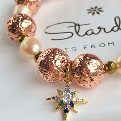 "Shining north star" - Rose Gold lava stone with pearls bracelet, zircon charm
