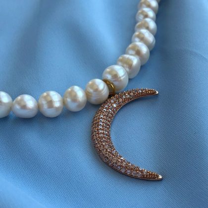 "Moon" Luxury pearl necklace with rose gold moon charm with CZ diamonds