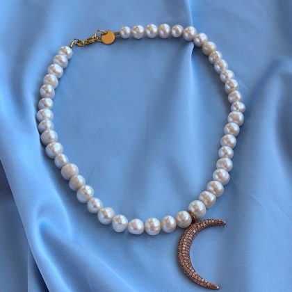 "Moon" Luxury pearl necklace with rose gold moon charm with CZ diamonds