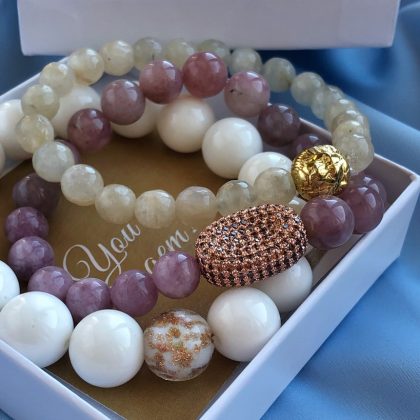 "ULTIMATE LOVE" creamy moonstone, Kunzite, white agate bracelets, gold lion, rose gold zircons