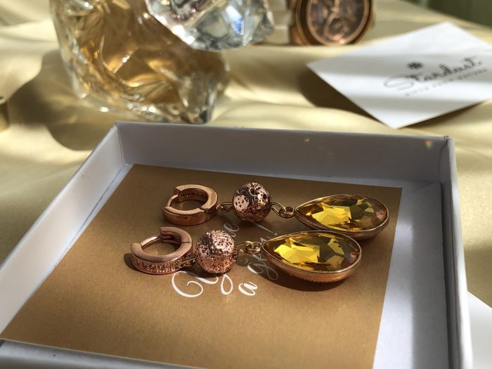"Honey" Luxury Evening Yellow crystal earrings, Rose gold Drop Earrings