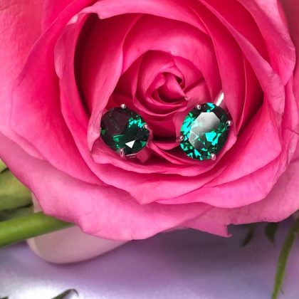 Large Oval Emerald Earrings in Silver, Simple Studs, Secure English lock