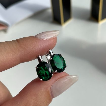Large Oval Emerald Earrings in Silver, Simple Studs, Secure English lock