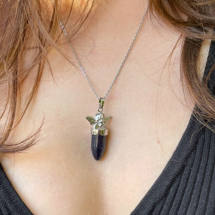 "Tender feelings" - Goldstone Angel Pendant, blue point necklace, luxury gift for woman