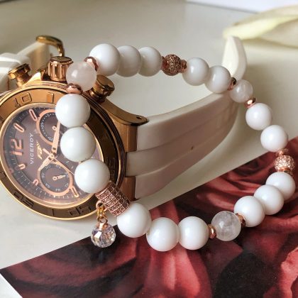 "Touch of luxury" White Agate bracelet with Aqua Aura Quartz, CZ Diamonds, moonstone
