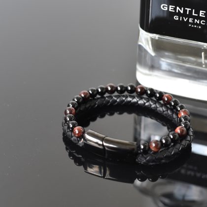 "Power" Men Bracelet Leather Braided Black Tiger-Eye Gemstone Beads with Magnetic Closure