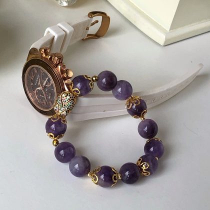 "Gold Amethyst" Purple Large Amethyst beaded bracelet with Luxury Zircons