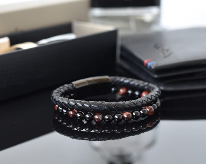 "Power" Men Bracelet Leather Braided Black Tiger-Eye Gemstone Beads with Magnetic Closure