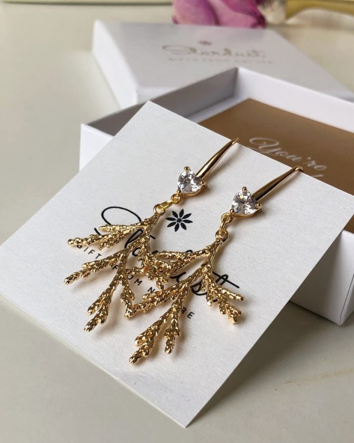 "Self-love" Long gold Tree Brush earrings with heart zircons