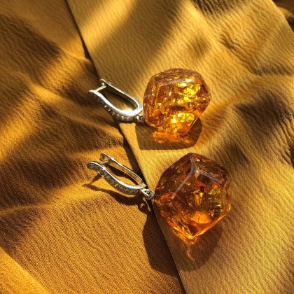 "Evening" Luxury Amber earrings, silver zircon, amber drop earrings