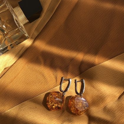"Evening" Luxury Amber earrings, silver zircon, amber drop earrings