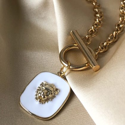 "LION head" - Luxury Lion necklace, gold filled stainless steel chain, white lion pendant, layering necklace