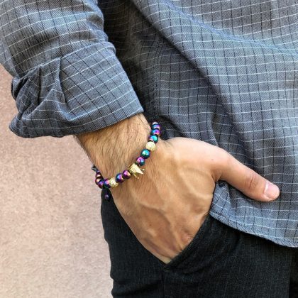 "Neo Chrome" - blue-pink men bracelet, luxury CZ gold diamond bracelet for him