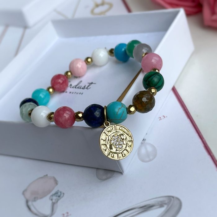 Multi-color gemstone bracelet with gold coin