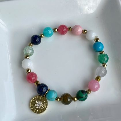 Multi-color gemstone bracelet with gold zircon coin