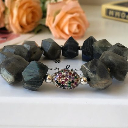 "Mesmerizing" Large faced LABRADORITE bracelet with luxury zircon bead