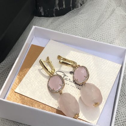 “Confession” Luxury Long Rose Quartz earrings with zircons, statement earrings