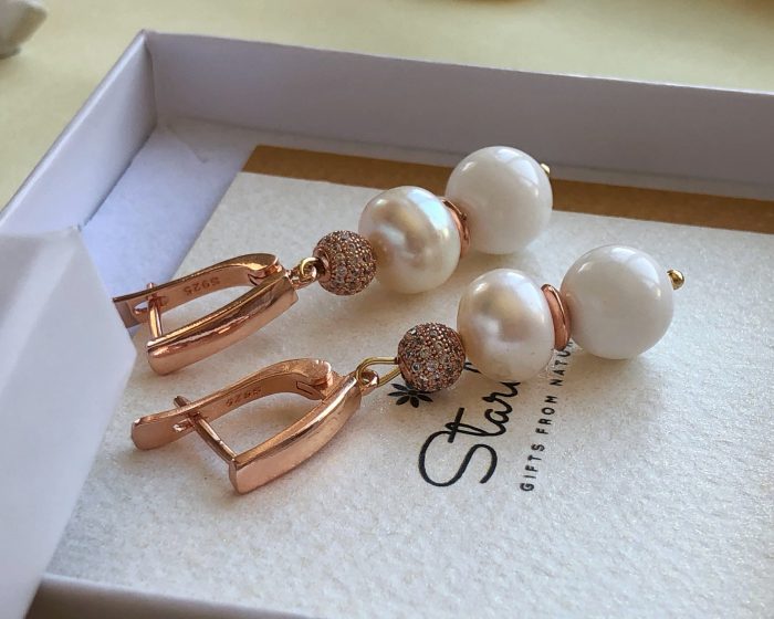 Stardust gift Pearl and white agate earrings