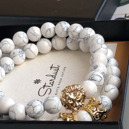 "Gold Lion" White Howlite mens bracelet set gold lion zircon bracelet