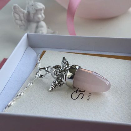 "Tender feelings" - Rose Quartz Angel Pendant, rose quartz point necklace