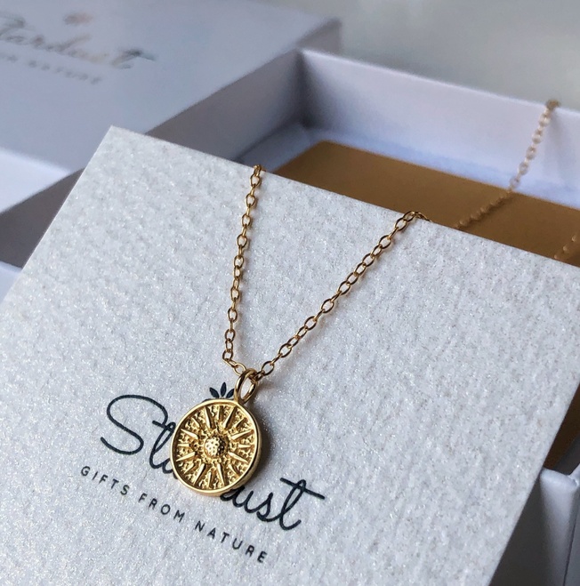 18k Gold filled Carved Sun coin necklace, hammered coin pendant
