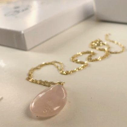 "Love vibes" - Pink drop Rose Quartz Pendant - gold chain