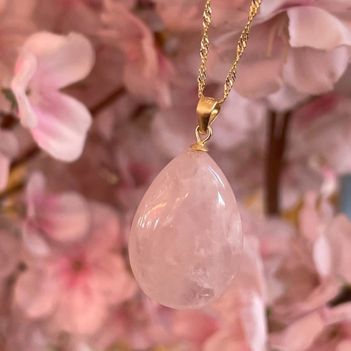 "Love vibes" - Pink drop Rose Quartz Pendant - gold chain