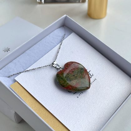 "Stay positive" - Unakite heart pendant necklace, Unakite Jasper jewelry