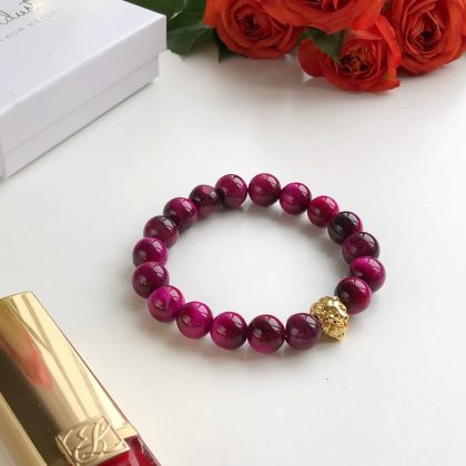 "Statement" - Luxury Tiger eye womens bracelet gold lion, Magenta Pink Tiger Eye bracelet