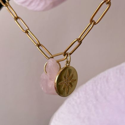"Warmth" Raw Rose Quartz chain necklace, gold chain necklace with coin