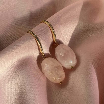 "Masterpiece" - Rose Quartz earrings with gold CZ Diamonds