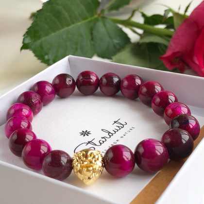 "Statement" - Luxury Tiger eye womens bracelet gold lion, Magenta Pink Tiger Eye bracelet