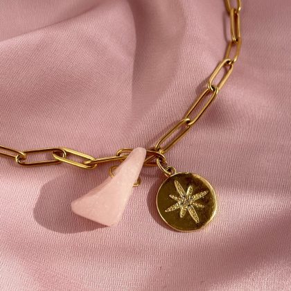 "Warmth" Raw Rose Quartz chain necklace, gold chain necklace with coin