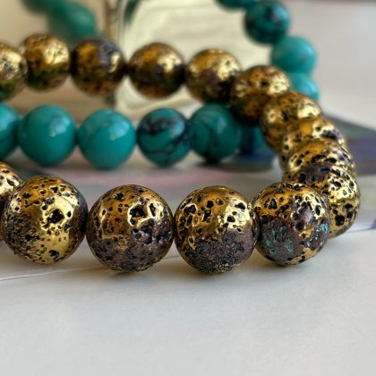 "Antique Gold" Luxury Turquoise and bronze bracelet with antique coin, Antique Gold Lava stone bracelet set