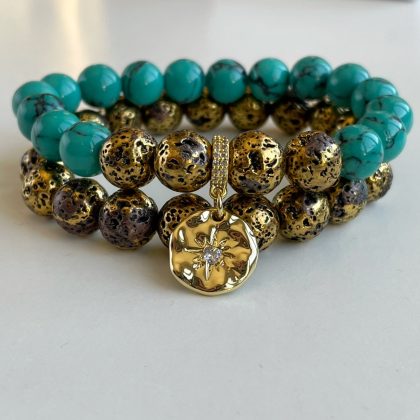 "Antique Gold" Luxury Turquoise and bronze bracelet with antique coin, Antique Gold Lava stone bracelet set