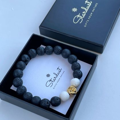 Luxury lava stone lion head bracelet, black beaded mens bracelet 14k gold Lion head