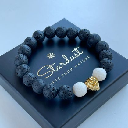 Luxury lava stone lion head bracelet, black beaded mens bracelet 14k gold Lion head