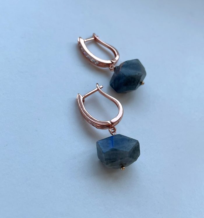 "Crystcal" - Faced Labradorite earrings with Rose Gold Zircon hoops