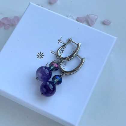 "Charm" - Amethyst dangle earrings with Aqua Aura Quartz and Square Zircons
