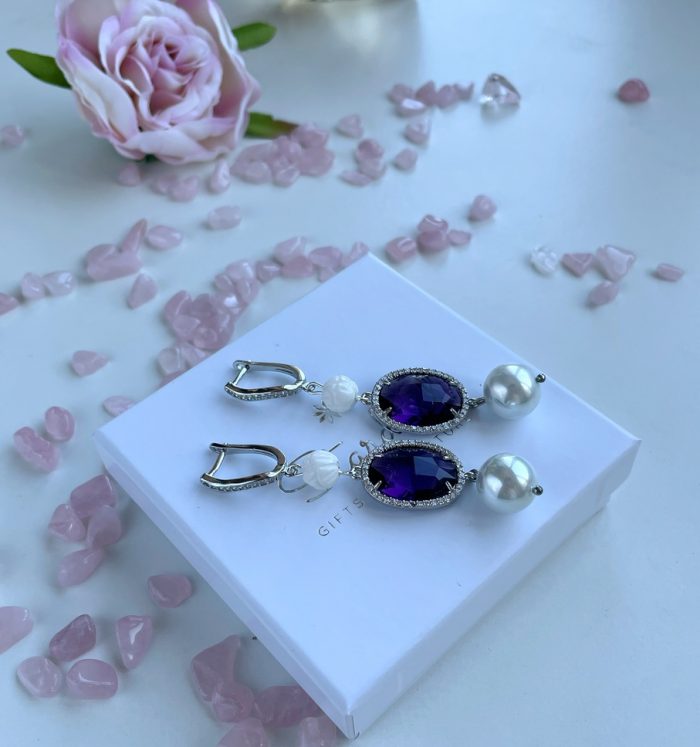 “Obsession” long purple crystals earrings with pearls, statement earrings