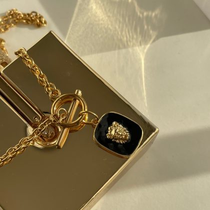 "LION head" - Black Enamel Lion necklace, gold chain, Black lion pendant, layering necklace
