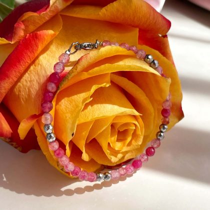 Fuchsia Pink Beaded bracelet, Tiny beaded Pink Agate bracelet 5mm, Silver hematite, gift for girl