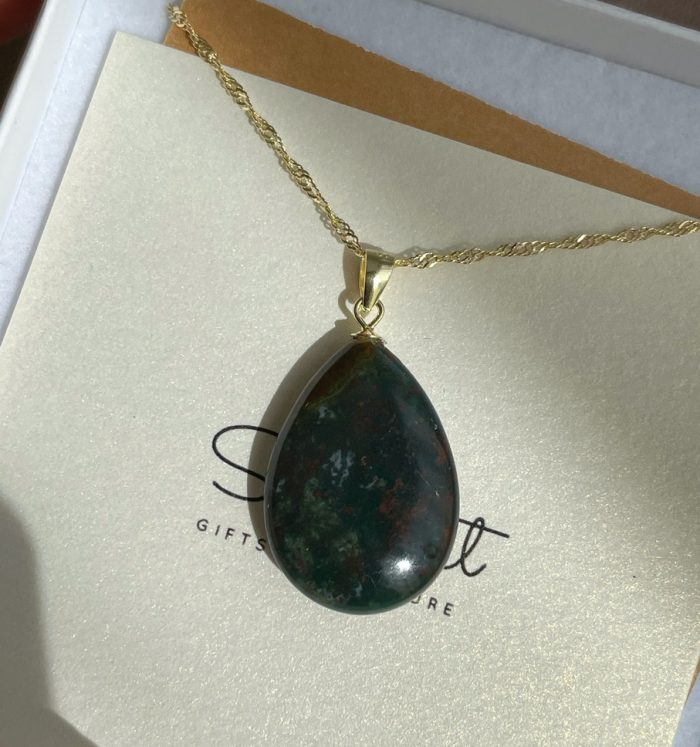 Gold chain Bloodstone pendant, premium packed natural stone gift