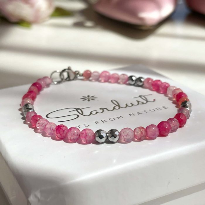 Fuchsia Pink Beaded bracelet, Tiny beaded Pink Agate bracelet 5mm, Silver hematite, gift for girl