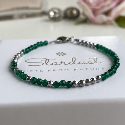 Tiny beaded Emerald bracelet 3mm, silver hematite spaces