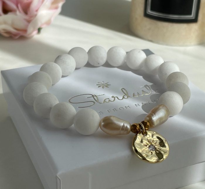 "Relationship" - Luxury White Coral beaded bracelet with creamy pearls, gold coin charm