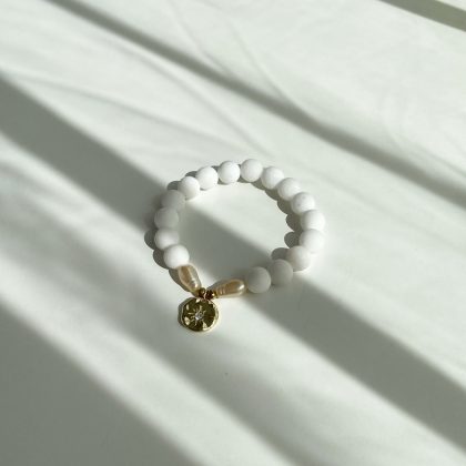 "Relationship" - Luxury White Coral beaded bracelet with creamy pearls, gold coin charm